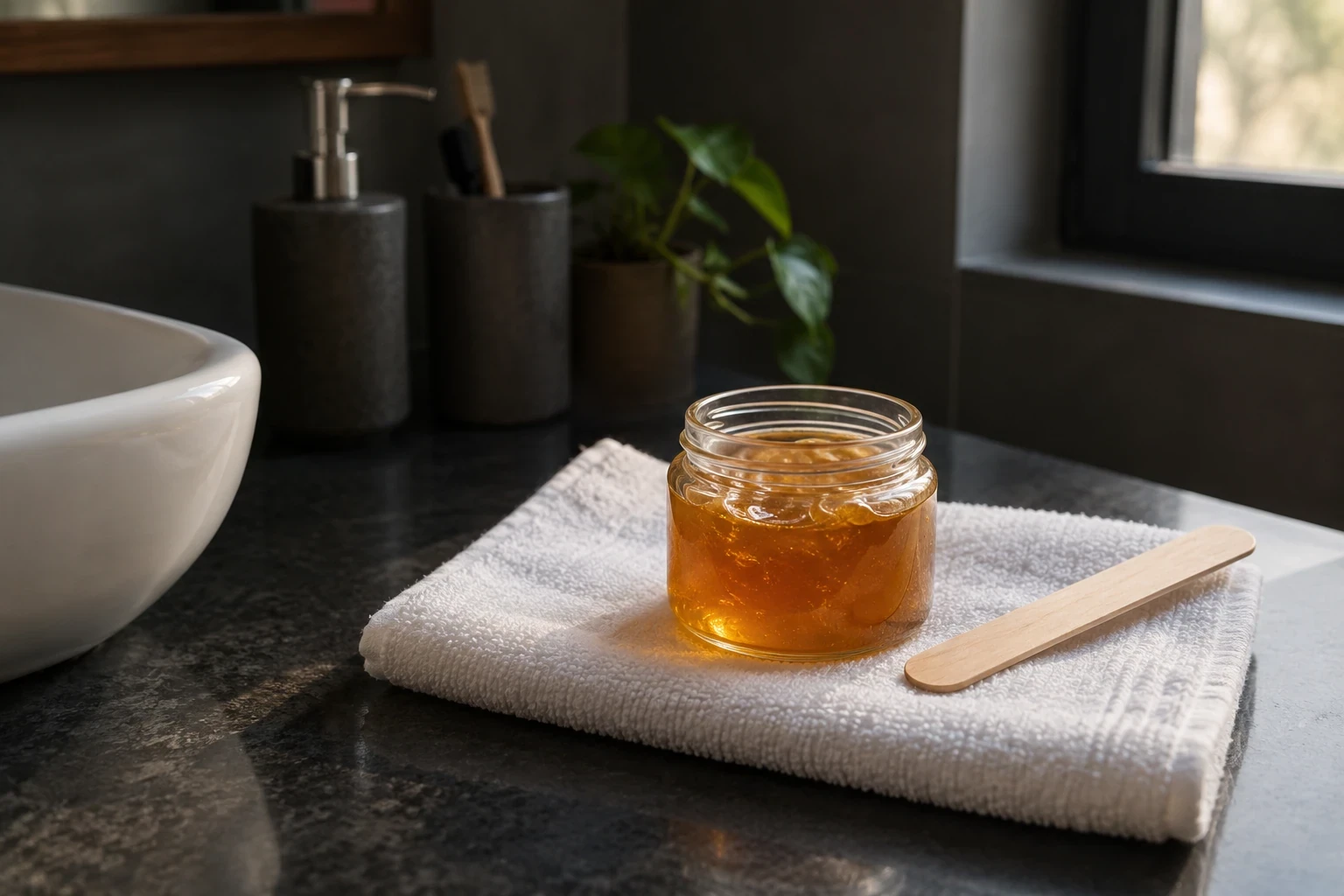 Pot de cire chaude ambrée sur serviette blanche avec spatule en bois sur lavabo