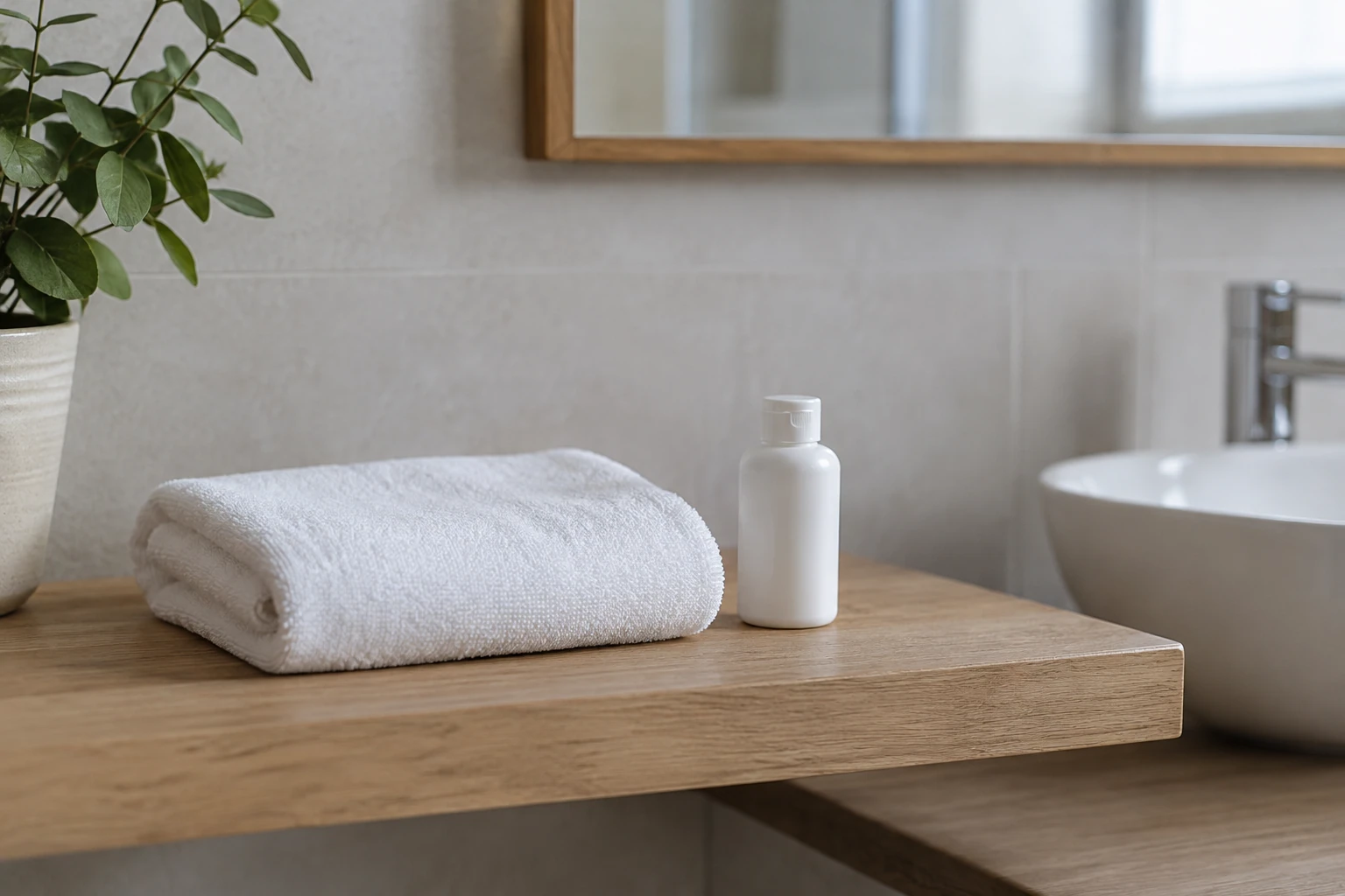 Serviette blanche pliée et flacon de lotion sur planche en bois dans salle de bain