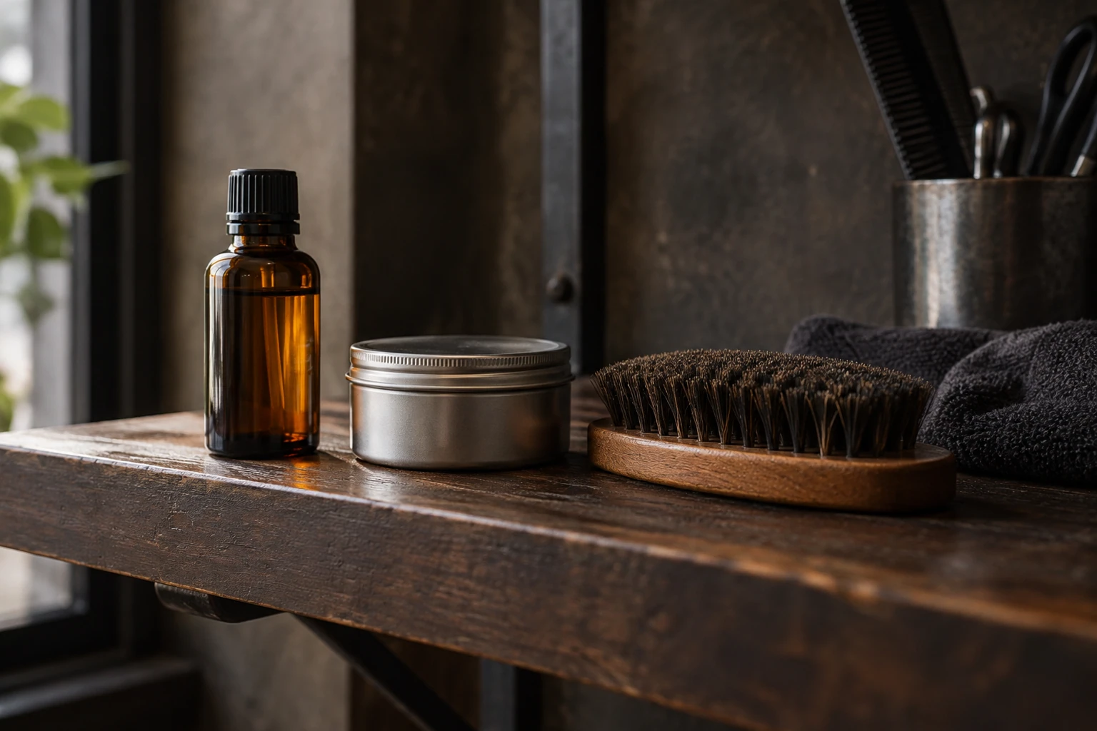 Flacon d'huile ambrée, pot métallique de baume et brosse à barbe sur étagère bois